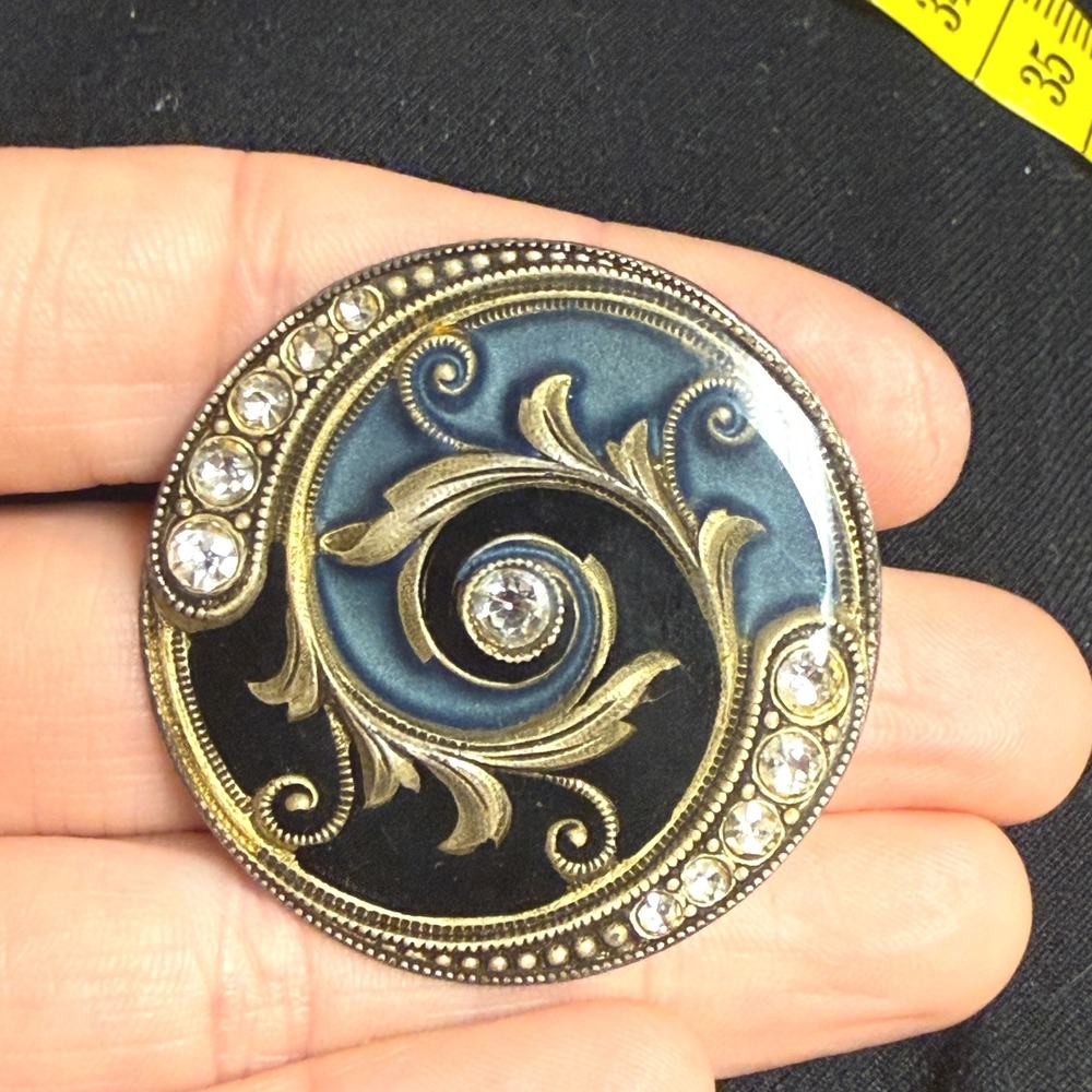 Vintage Art Nouveau Brooch Blue Black Enamel Rhinestone Gold Tone Statement Pin
